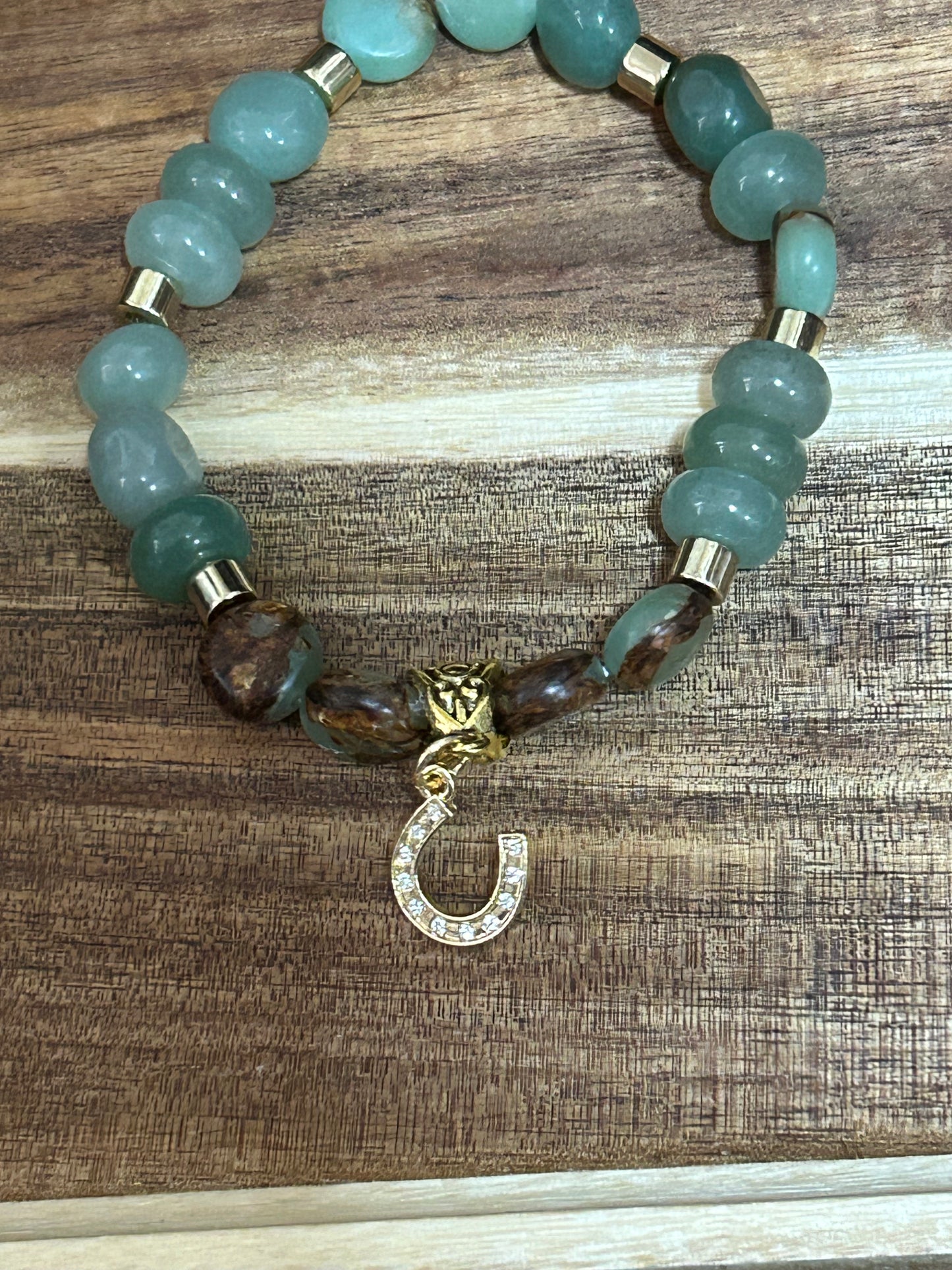 Western Stretch Bracelet Rhinestone Horseshoe Soft Green Gold Beads Cowgirls