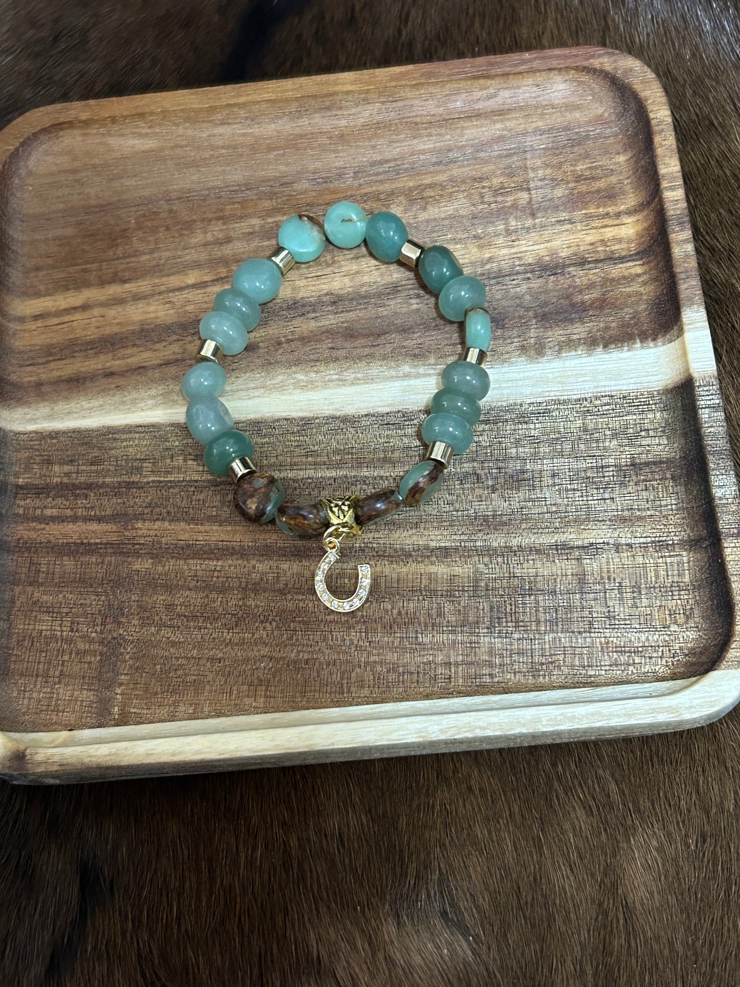 Western Stretch Bracelet Rhinestone Horseshoe Soft Green Gold Beads Cowgirls