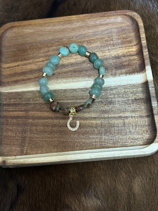 Western Stretch Bracelet Rhinestone Horseshoe Soft Green Gold Beads Cowgirls