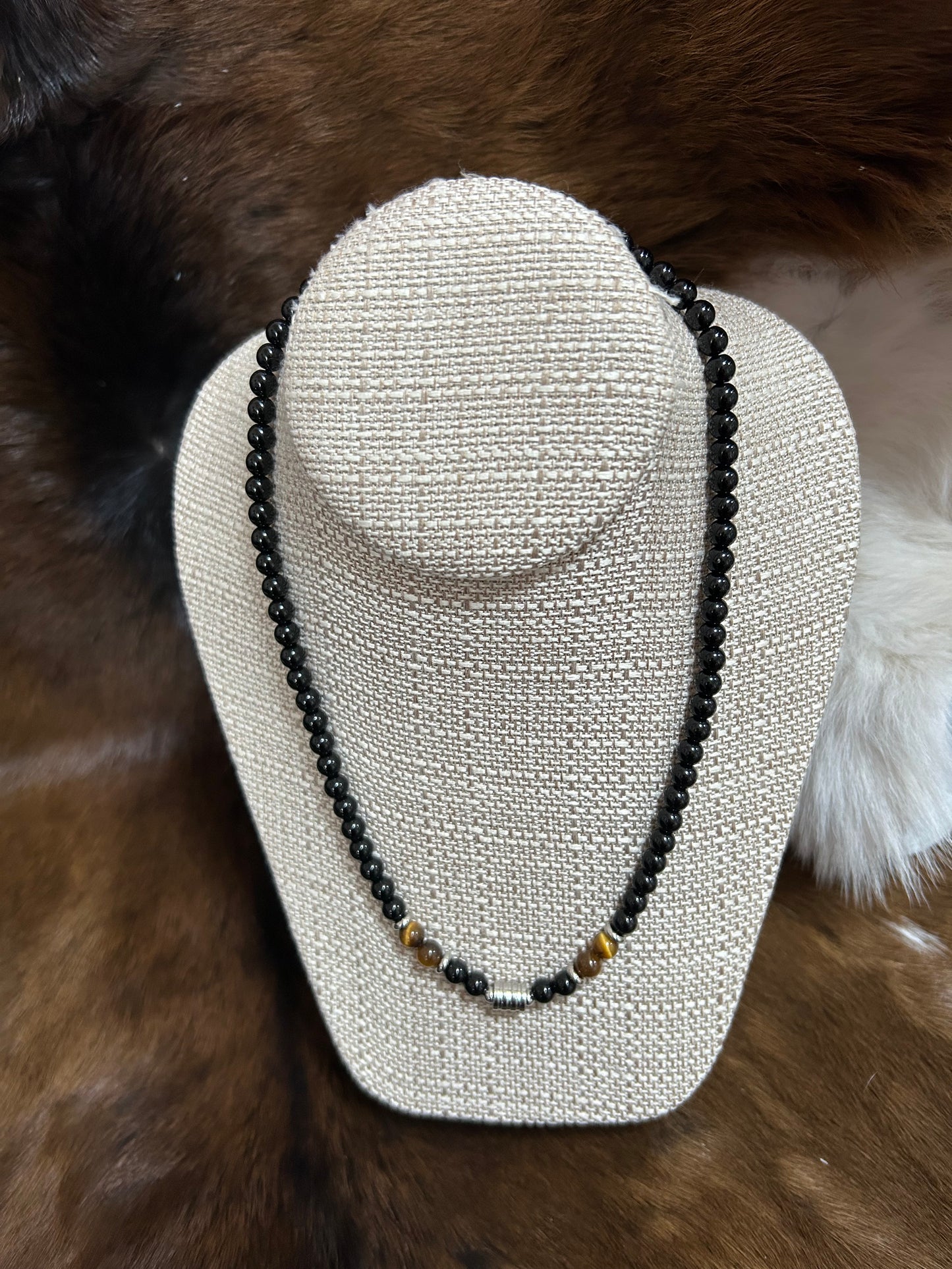 Black Agate Crystal Bead Men Necklace in Stainless Steel