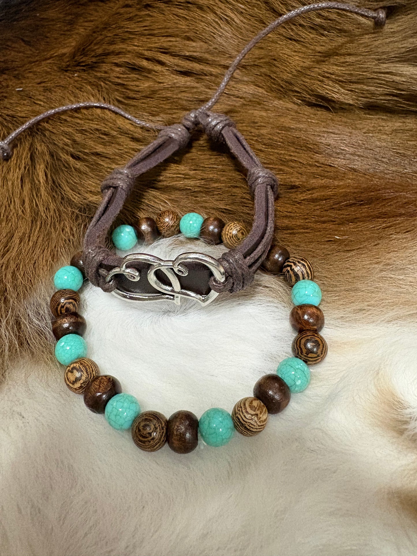Set Leather Bracelet Wood Beads Double Heart Adjustable