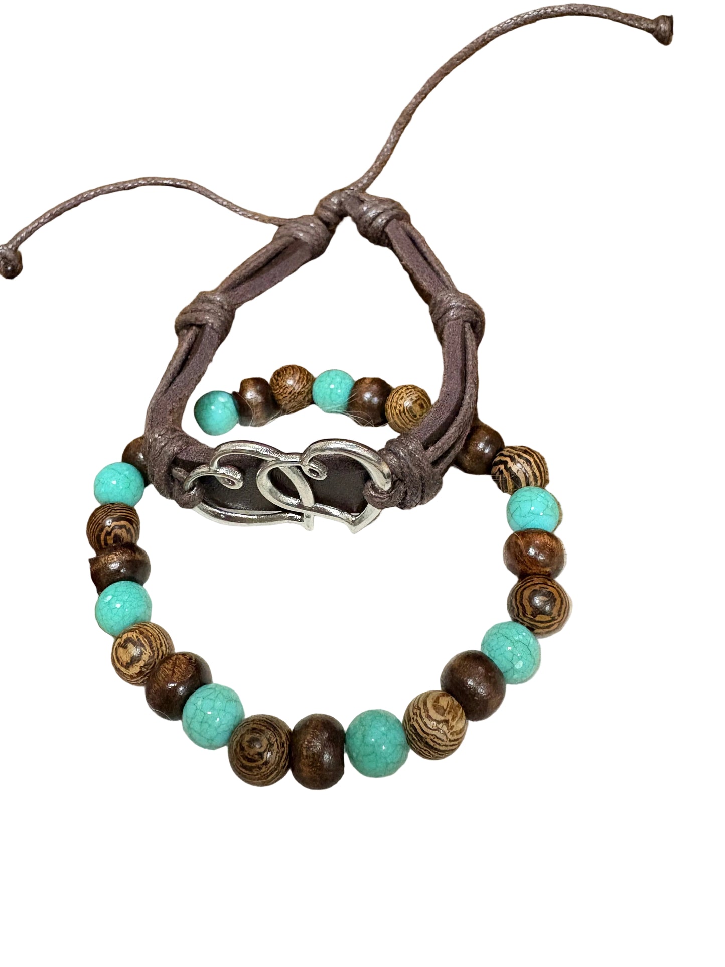 Set Leather Bracelet Wood Beads Double Heart Adjustable