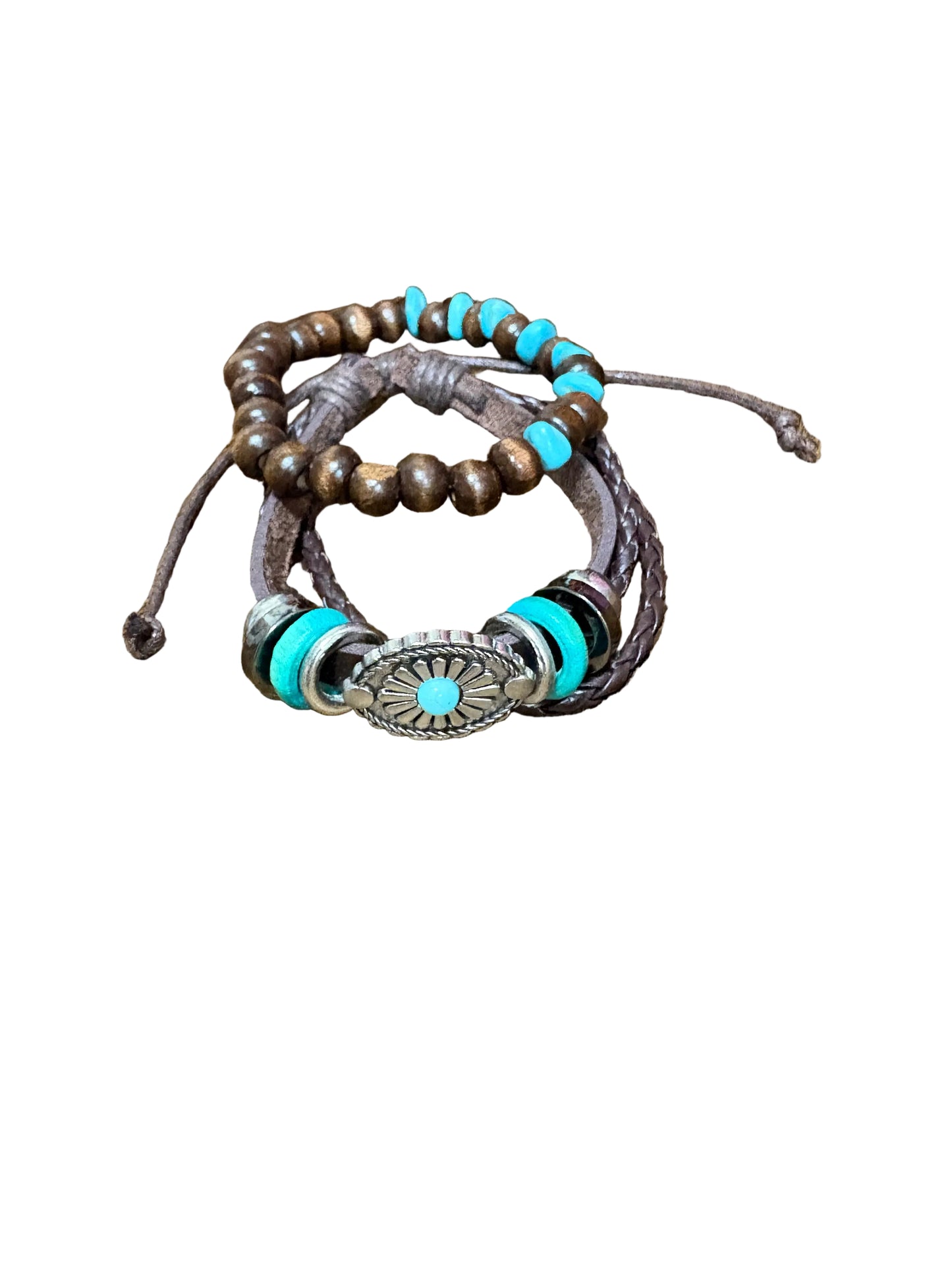Bohemian Vintage Multi-Layered Bracelet Set Leather Wood Beads Turquoise