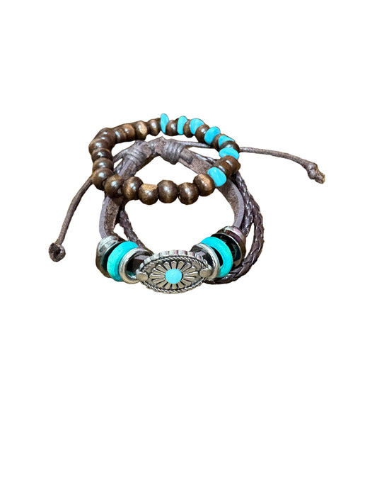 Bohemian Vintage Multi-Layered Bracelet Set Leather Wood Beads Turquoise
