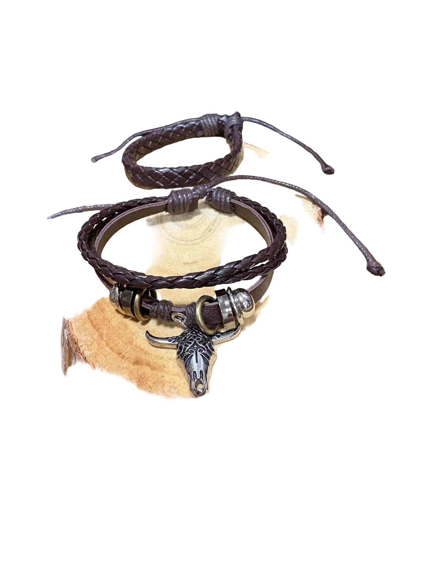 Bohemian Vintage Two-Layered Bracelet Set Wood Beads Steer Head Charm