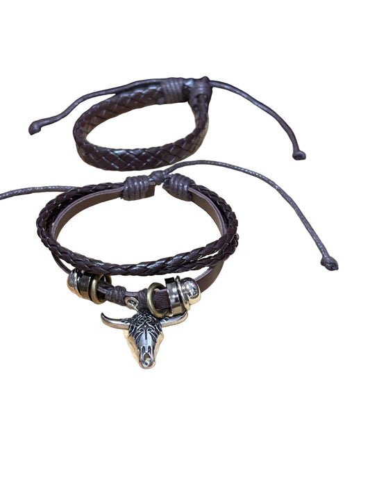 Bohemian Vintage Two-Layered Bracelet Set Wood Beads Steer Head Charm