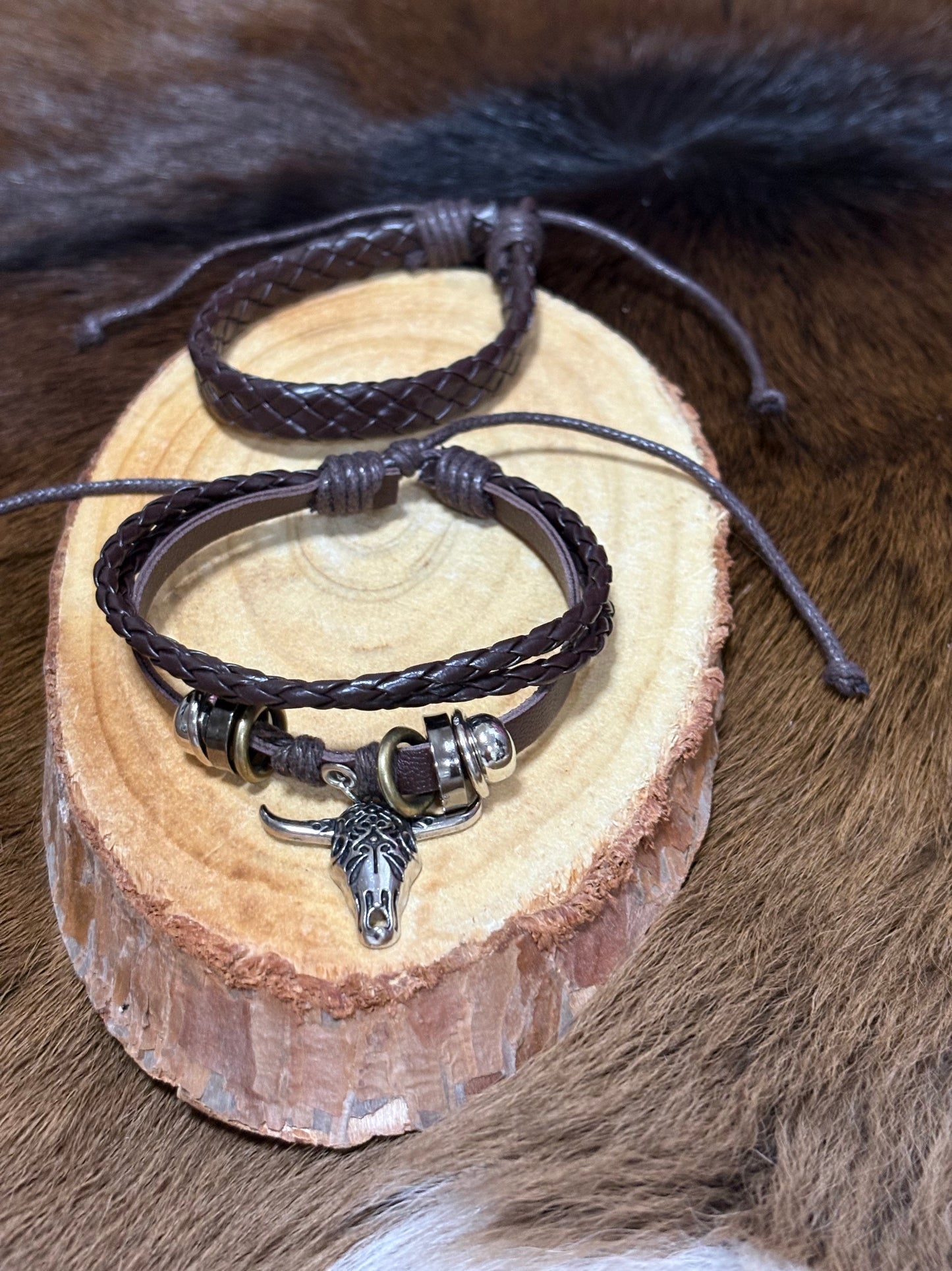 Bohemian Vintage Two-Layered Bracelet Set Wood Beads Steer Head Charm