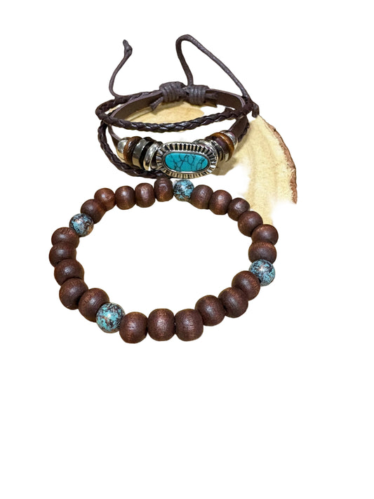 Bohemian Vintage Boys Mens Leather Bracelets Wood Beads Twisted Pu Leather