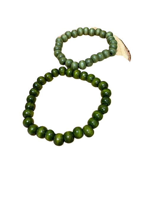 Bohemian Two Wooden Green Stretch Bracelet  Set
