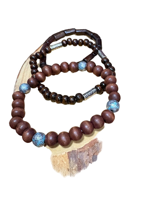 Bohemian Style Fashion 3 Piece Wooden Bead Handmade Brown Bracelet Set