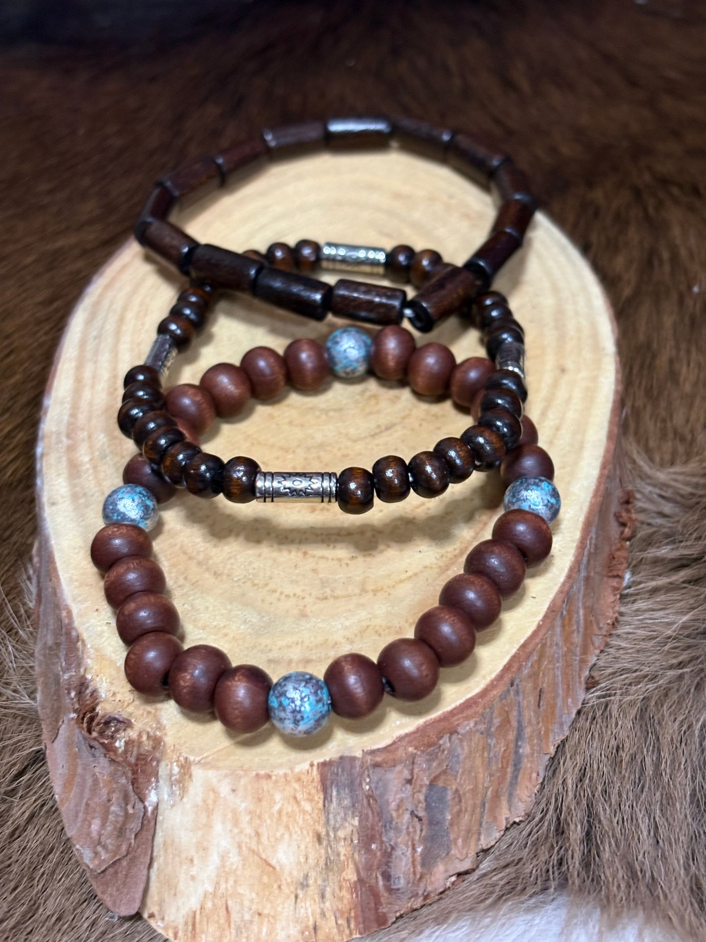 Bohemian Style Fashion 3 Piece Wooden Bead Handmade Brown Bracelet Set