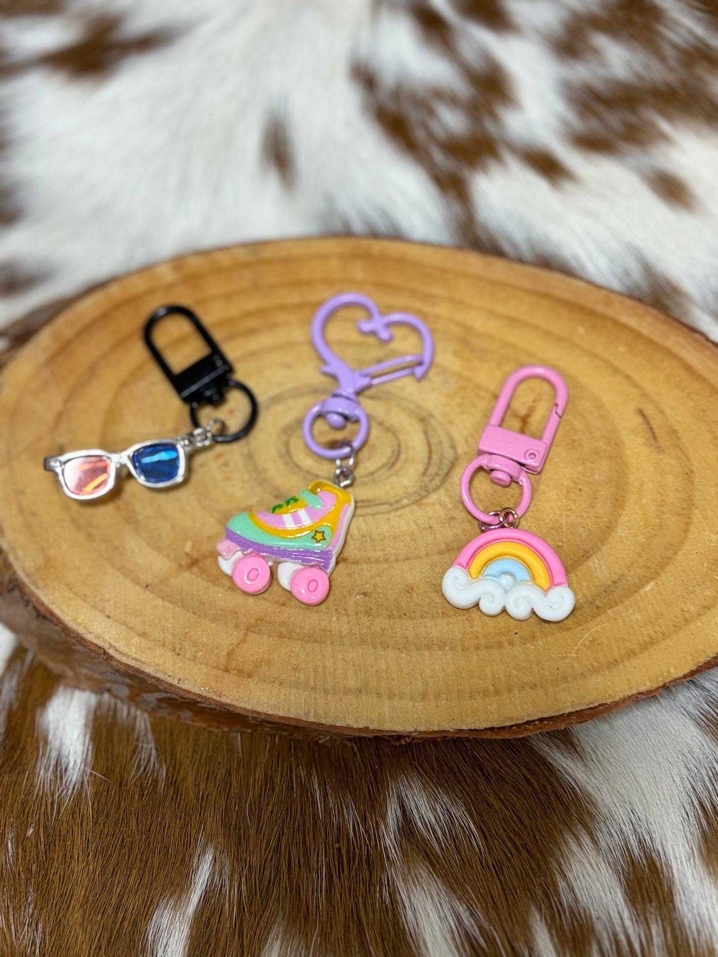 Kids keychain Bag Charm Eye Glasses Roller Skate Rainbow