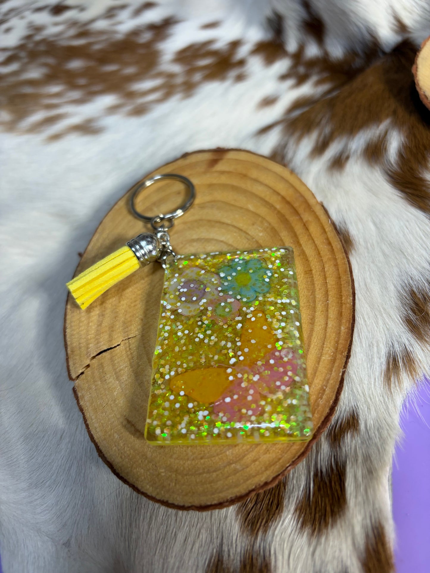 Flower Butterfly Resin Keychain Bag Charm Backpack Yellow Glitter