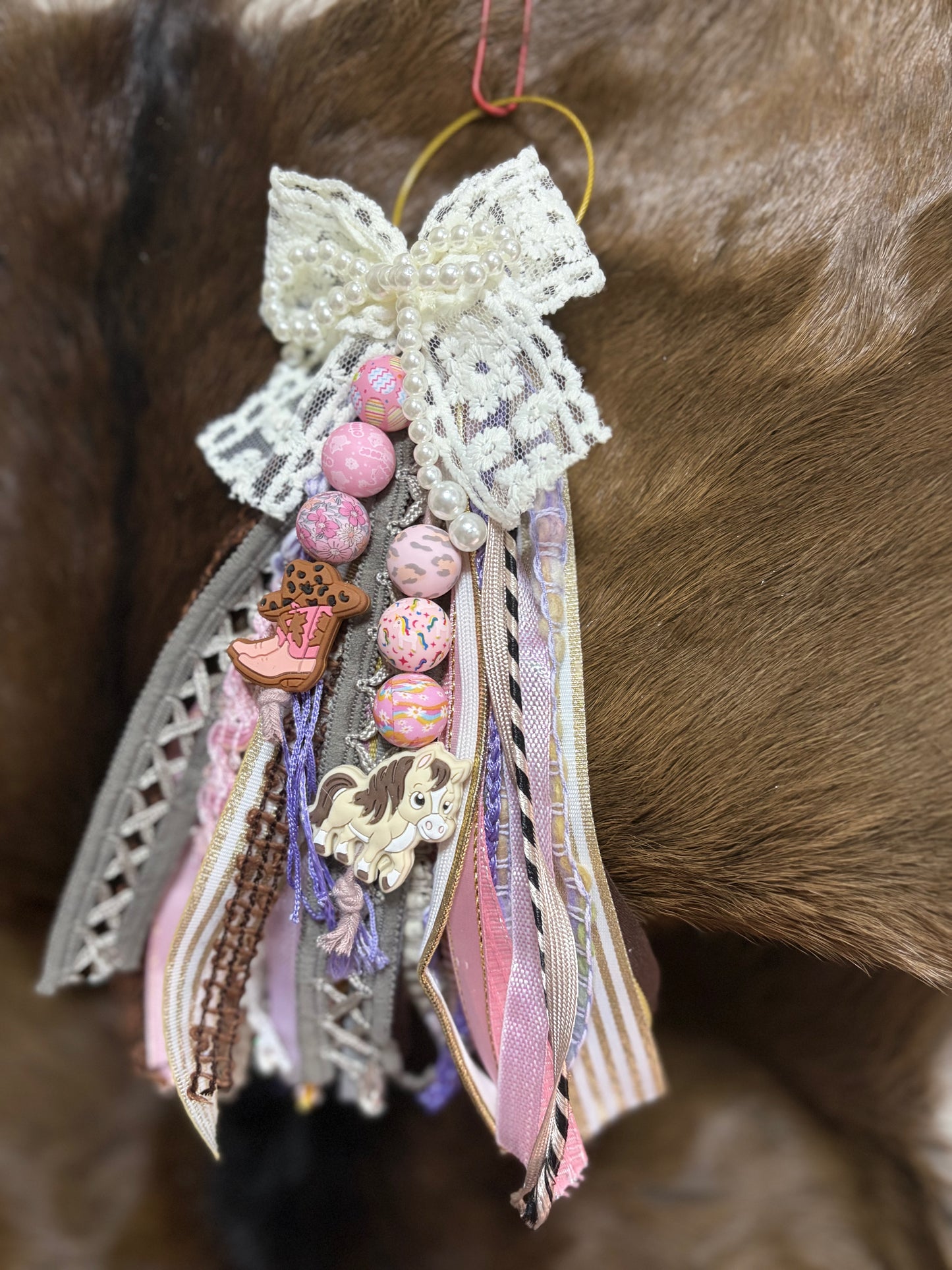 Ribbon Bag Charm Cowboy Boot Pony Lace Bow Beaded Bow Silicone Charms