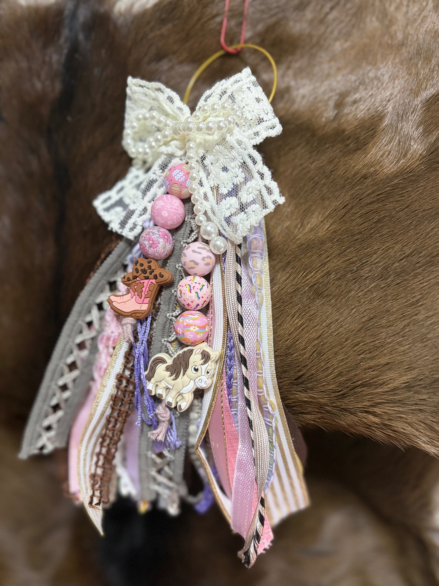 Ribbon Bag Charm Cowboy Boot Pony Lace Bow Beaded Bow Silicone Charms