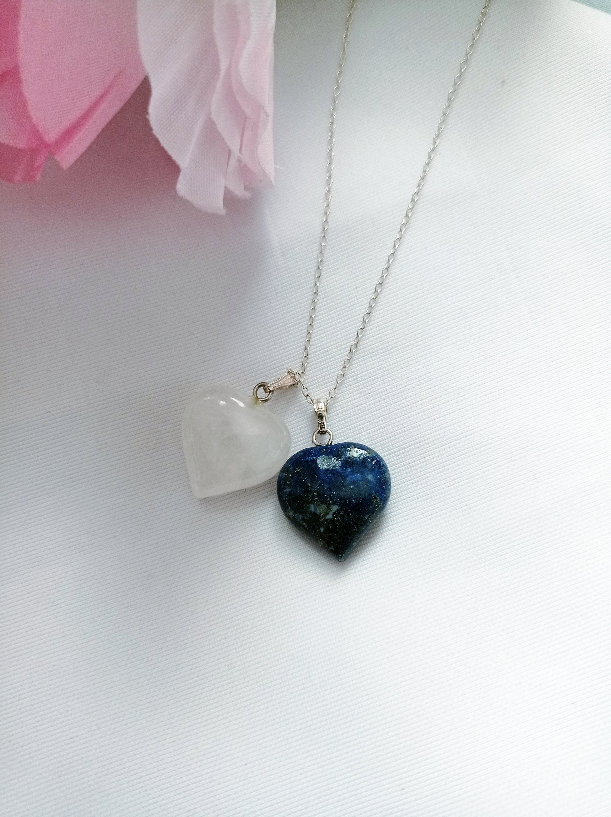 Lapis Lazuli and Rose Quartz Hearts Necklace, Lapis Lazuli and Rose Quartz Sterling Silver necklace,  Lapis Lazuli and Rose Quartz Pendants, Gemstone Necklace | by nlanlaVictory-4
