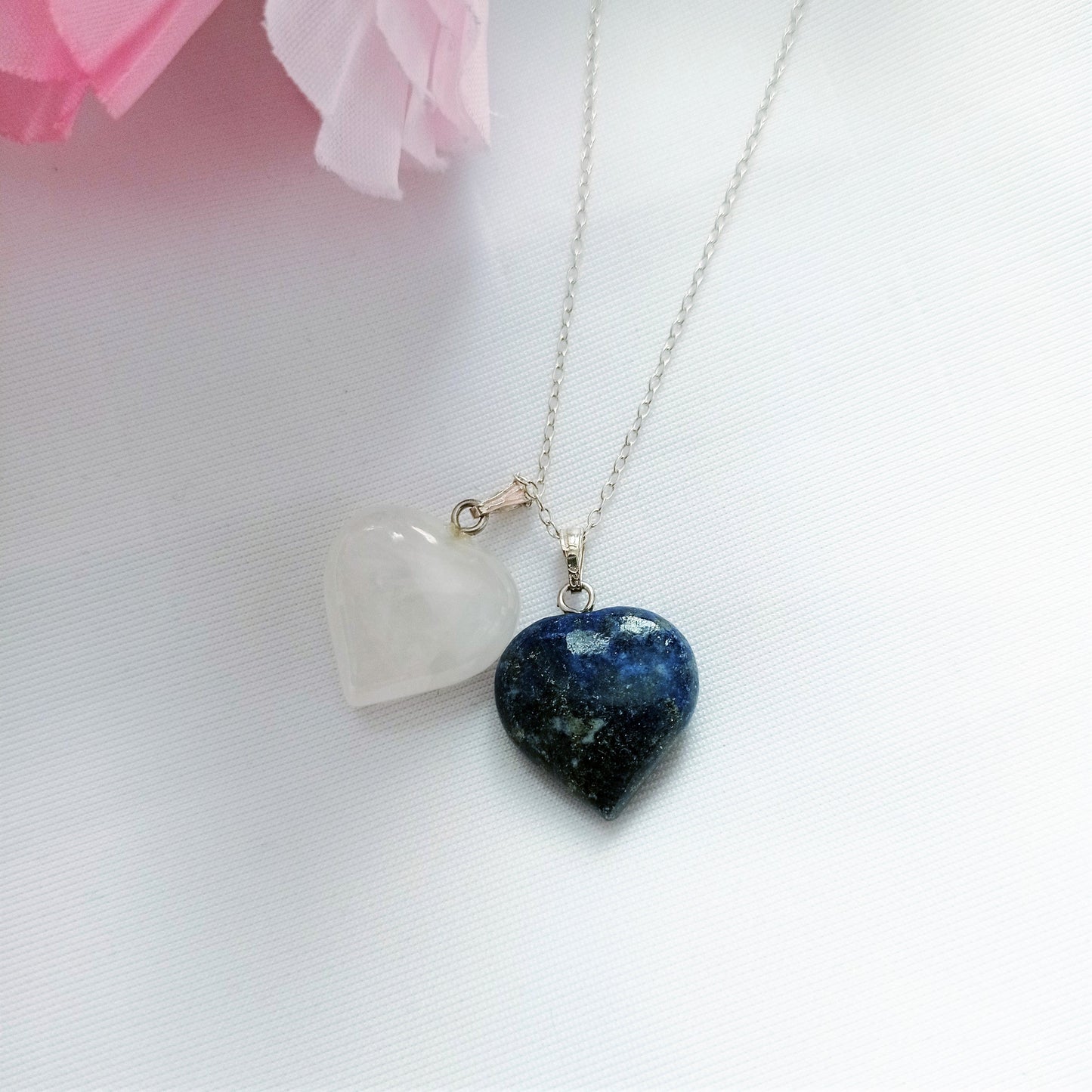 Lapis Lazuli and Rose Quartz Hearts Necklace, Lapis Lazuli and Rose Quartz Sterling Silver necklace,  Lapis Lazuli and Rose Quartz Pendants, Gemstone Necklace | by nlanlaVictory-3