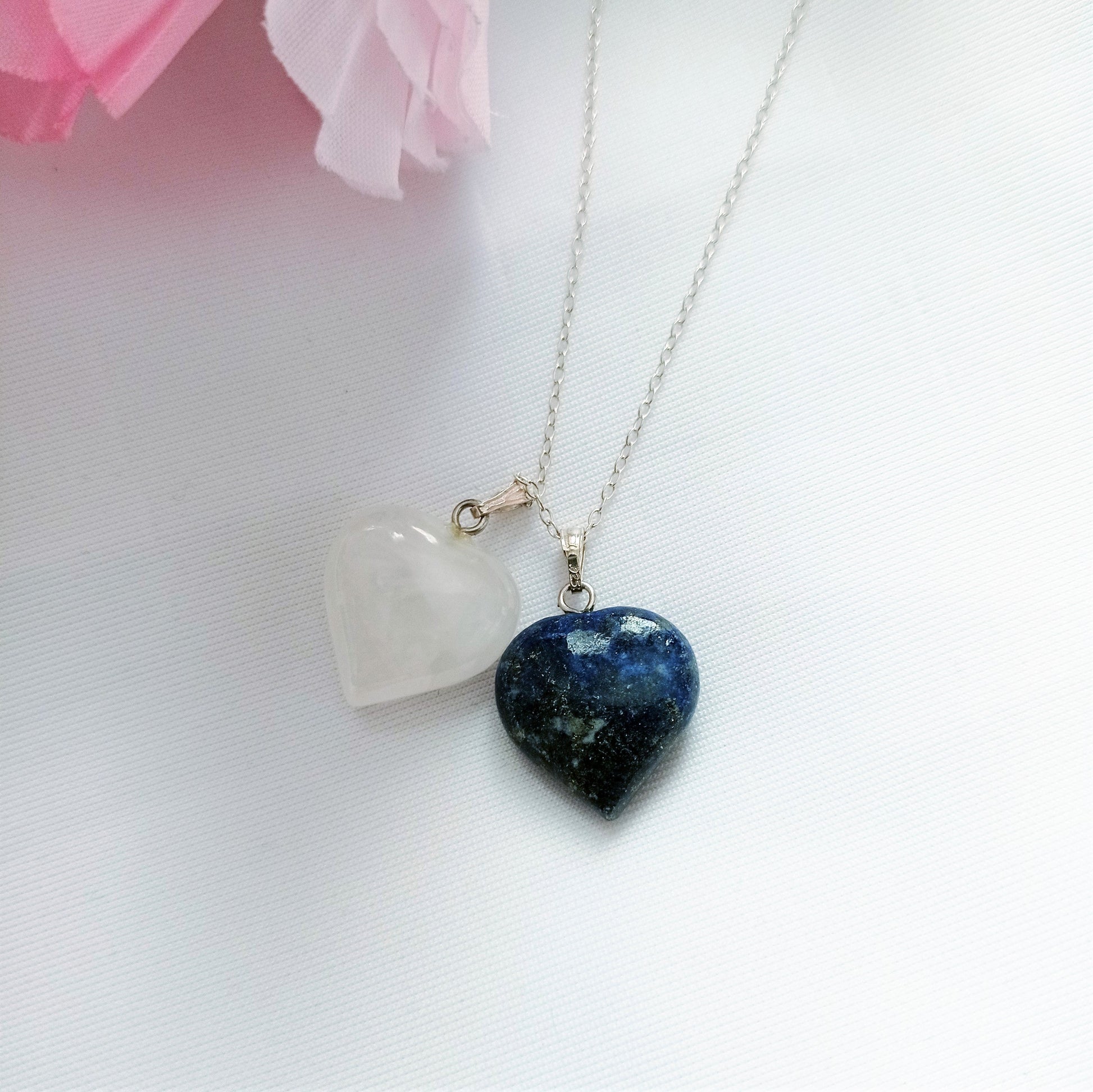 Lapis Lazuli and Rose Quartz Hearts Necklace, Lapis Lazuli and Rose Quartz Sterling Silver necklace,  Lapis Lazuli and Rose Quartz Pendants, Gemstone Necklace | by nlanlaVictory-3