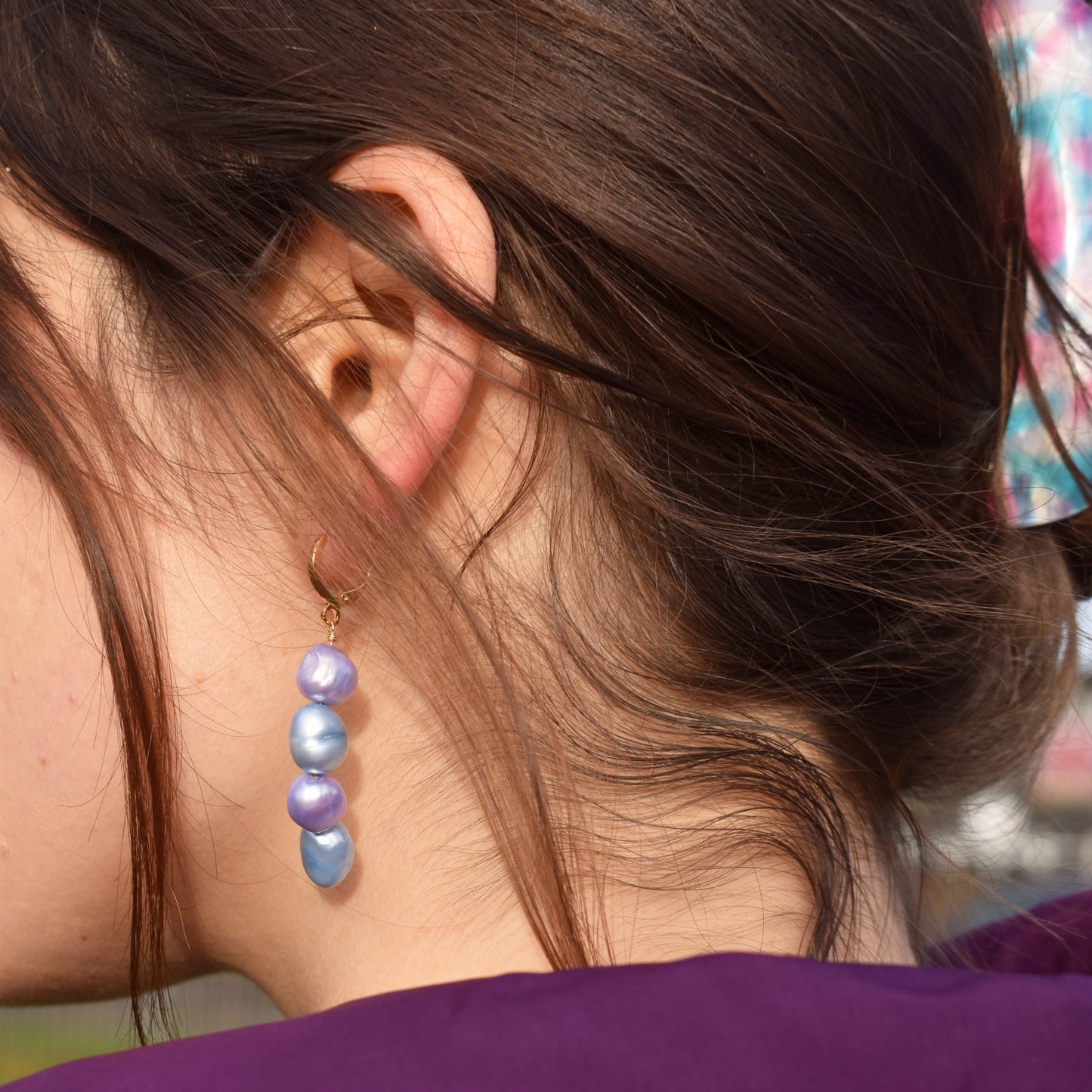 Blue lilac purple freshwater pearl huggie earrings | by Ifemi Jewels-2