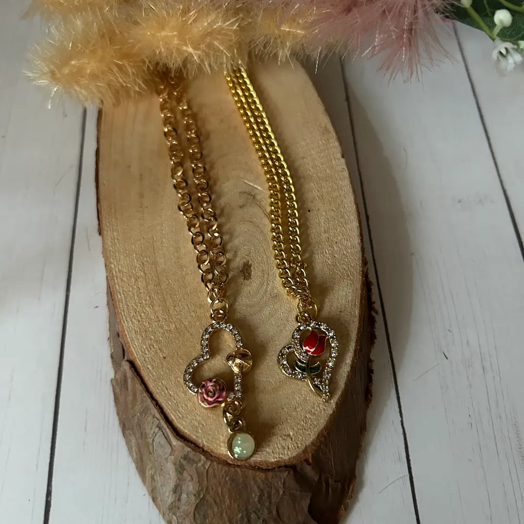 Gold Rhinestones Heart with Flower Necklace