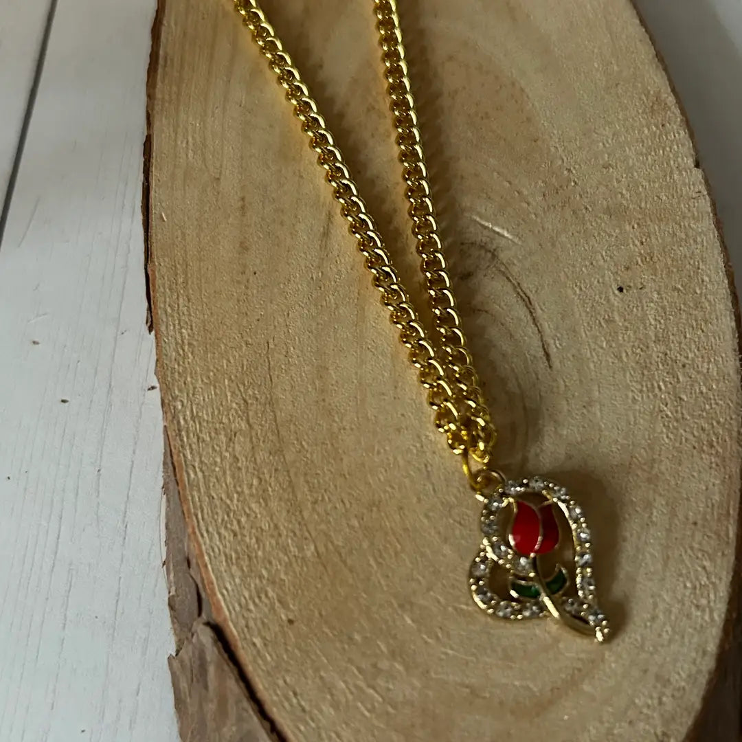Gold Rhinestones Heart with Flower Necklace