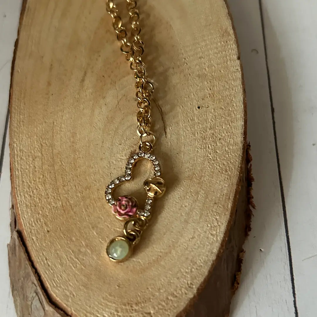 Gold Rhinestones Heart with Flower Necklace