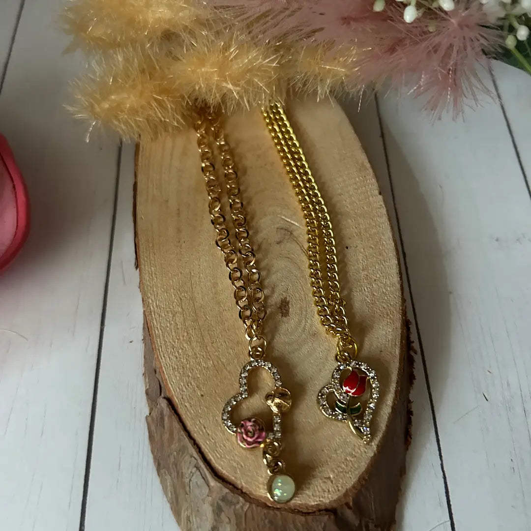 Gold Rhinestones Heart with Flower Necklace