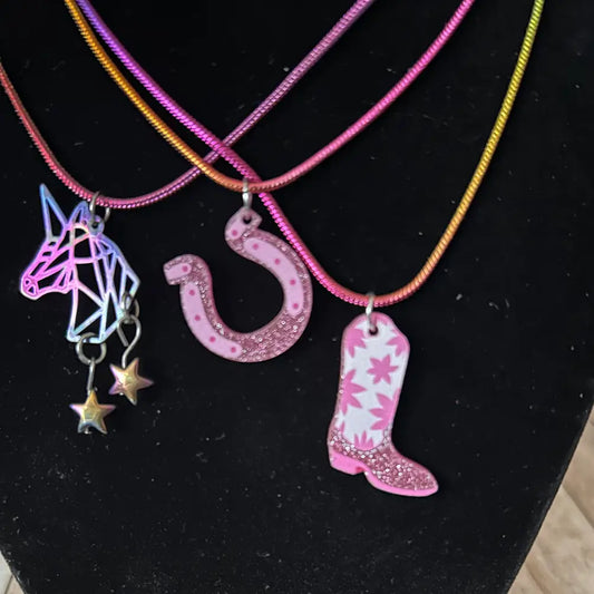 Girls Colorful Western Boot Horseshoe and Unicorn Necklace