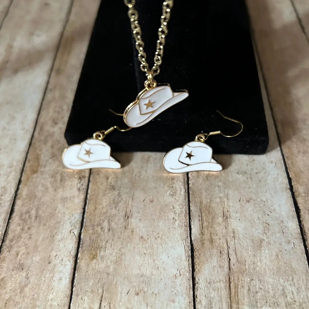 Western Charm Cowgirl Hat White Necklace and Earring Set