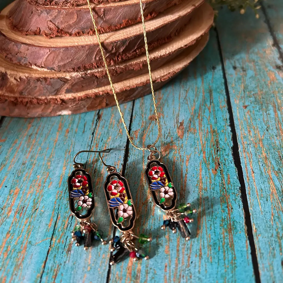 Bohemian Flower Theme Bead Earring Necklace Set