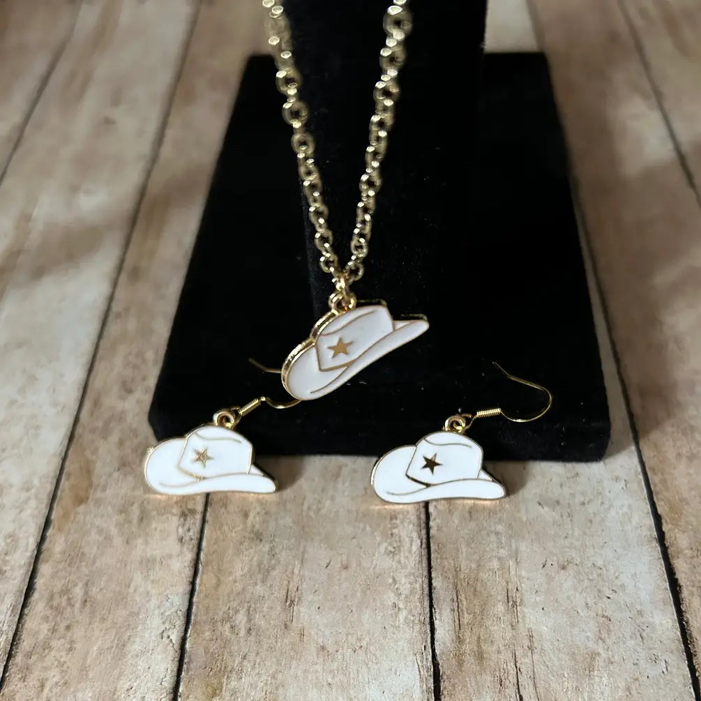 Western Charm Cowgirl Hat White Necklace and Earring Set