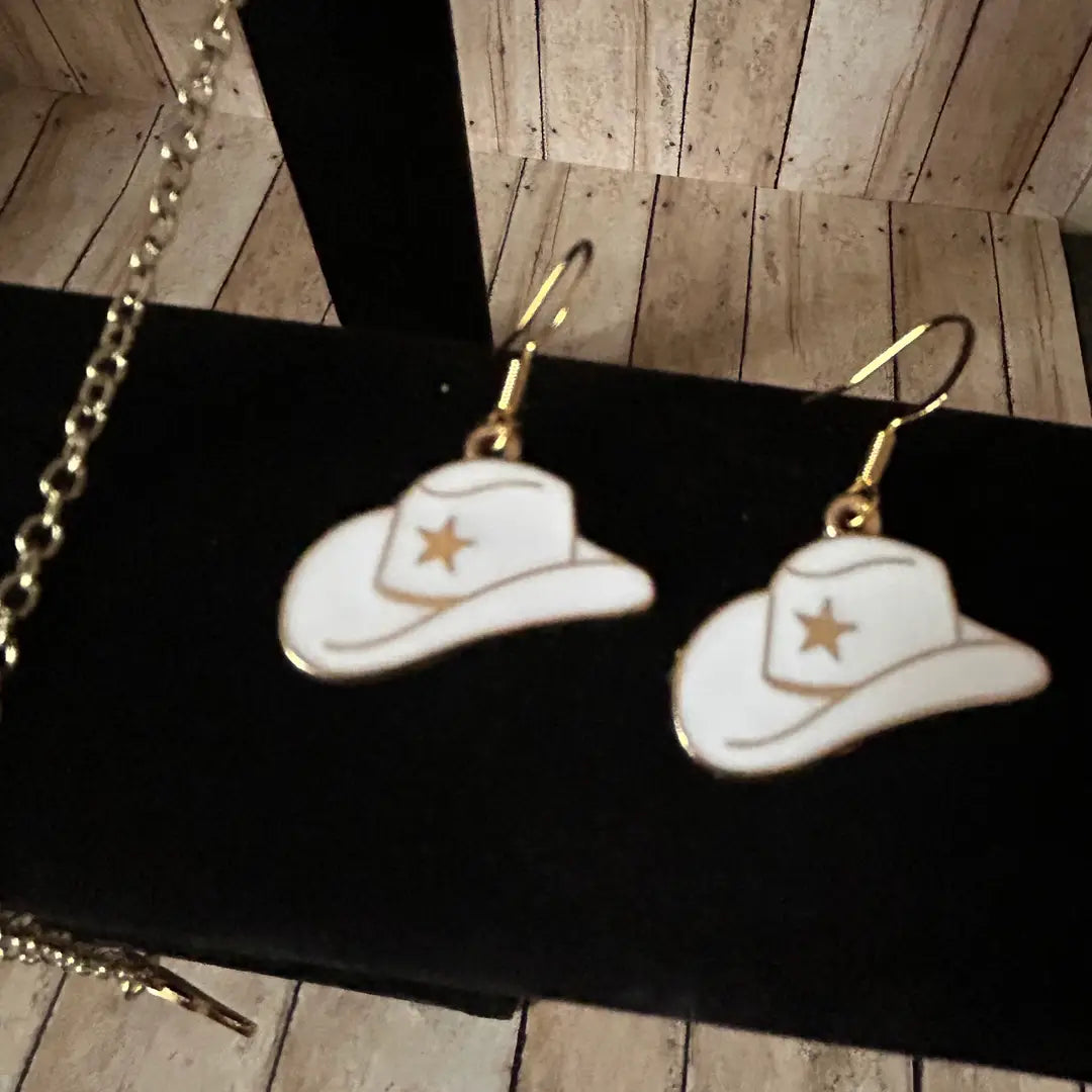 Western Charm Cowgirl Hat White Necklace and Earring Set