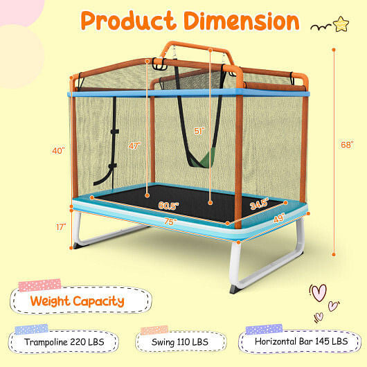6 Feet Rectangle Trampoline with Swing Horizontal Bar and Safety Net-Orange-5