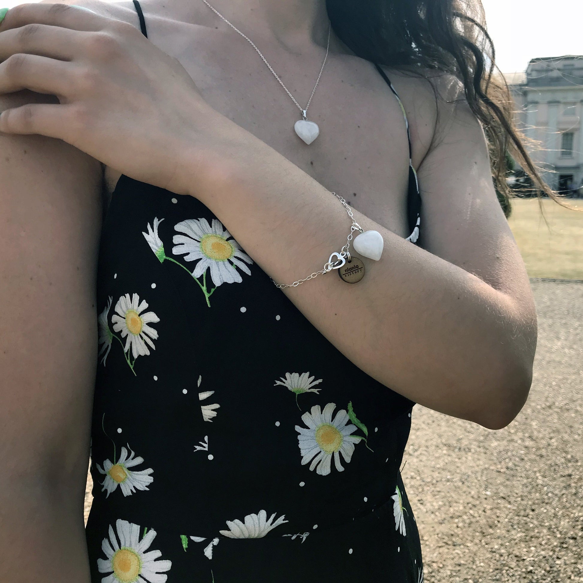 White Quartz Bracelet, Sterling Silver Heart Bracelet, Heart Charm Bracelet | by nlanlaVictory-1