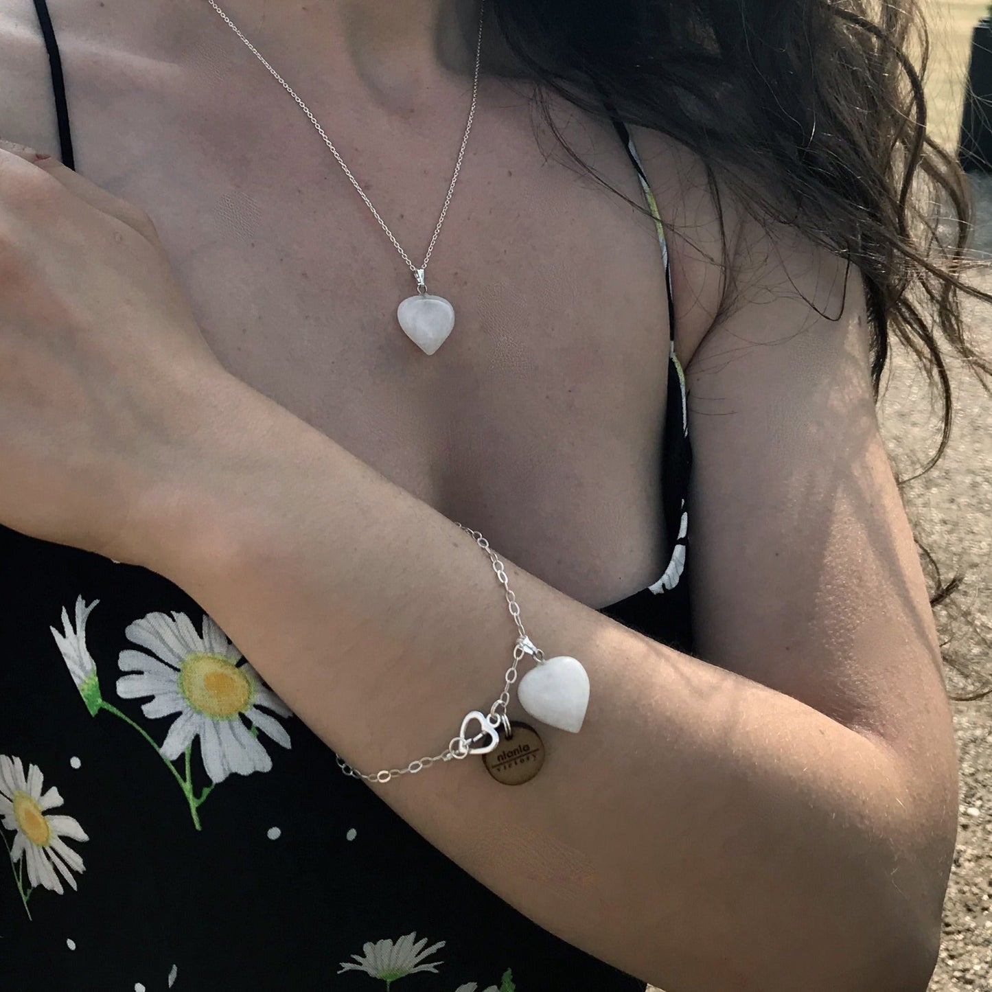 White Quartz Bracelet, Sterling Silver Heart Bracelet, Heart Charm Bracelet | by nlanlaVictory-3