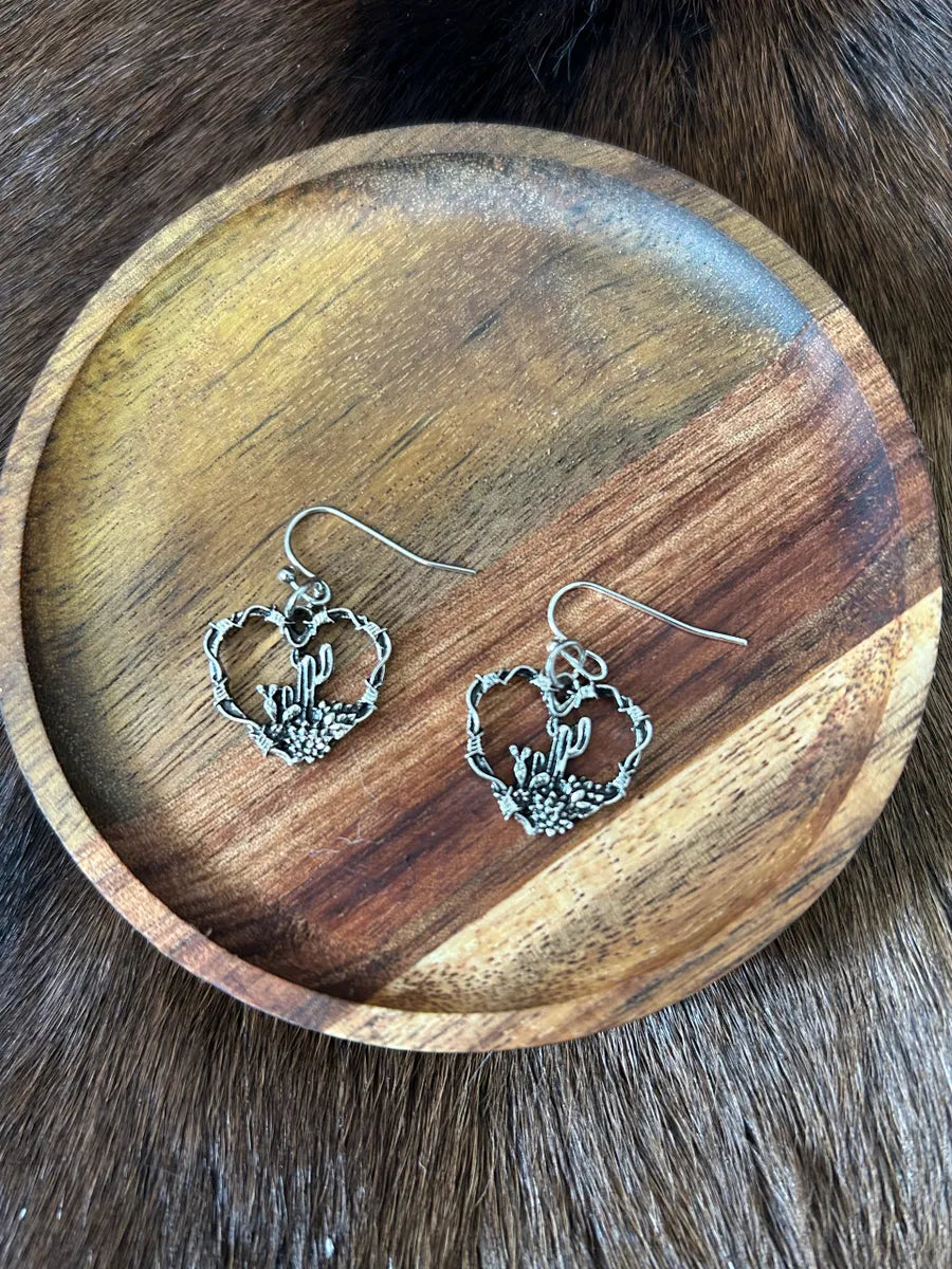 Silver Heart Shaped with Cactus Theme in the Center of Heart Earrings