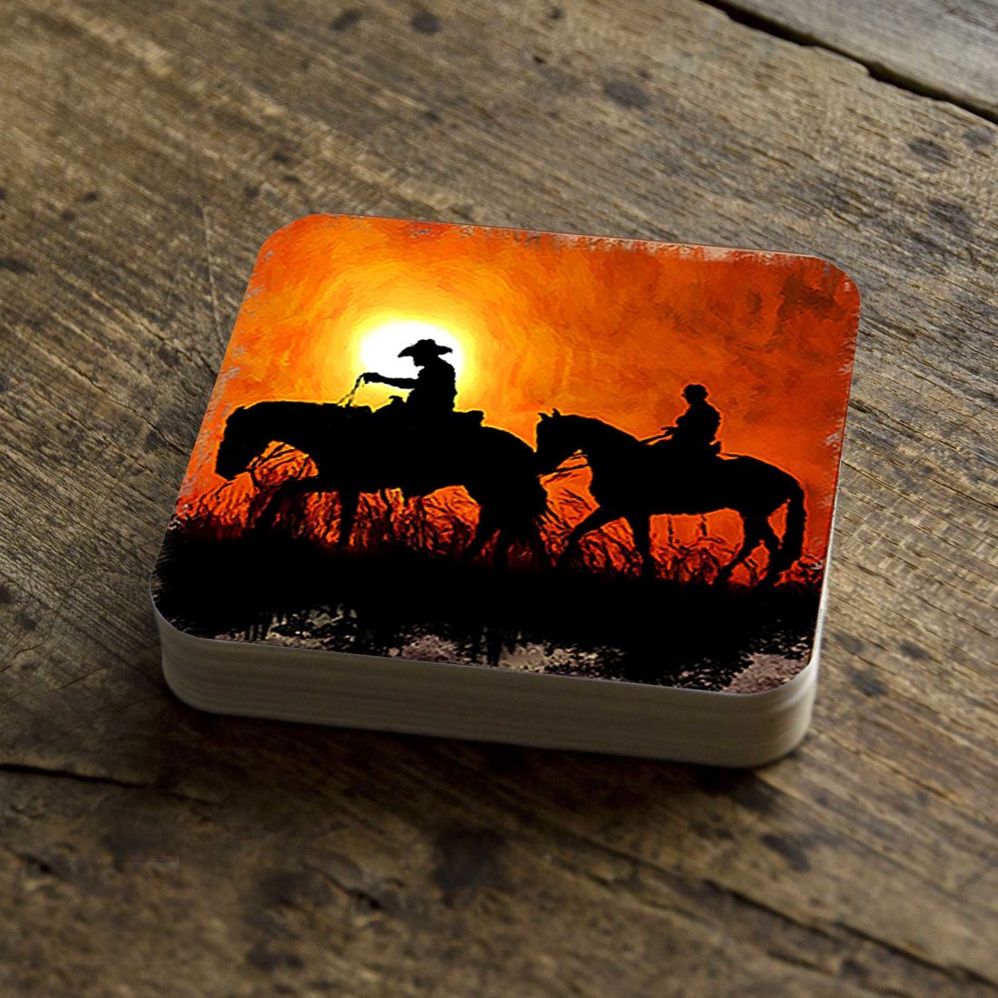 Cowboy Sunset Ride Wooden Cork Coasters Gift Set of 4 by Nature Wonders - Nature Wildlife Decor  - 95230C-S4-2