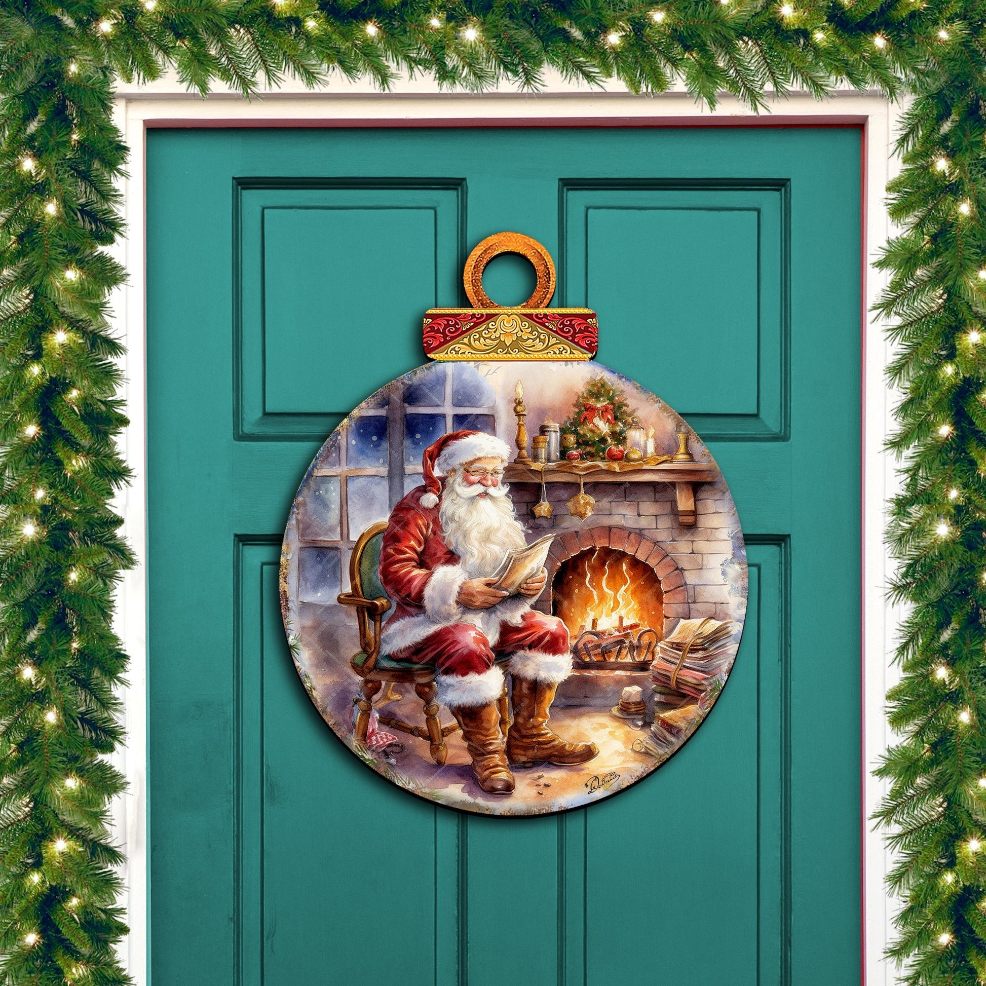 Santa at the Fireplace Wreath Holiday Door Decor by G. Debrekht - Christmas Santa Snowman Decor - 8611089-2H-0