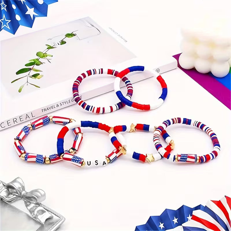 Red, White, And Blue Bracelets, American Flag Bracelets, Patriotic Beaded Stackable Bracelets, Summer Beach Waterproof Surfer Bracelet Set