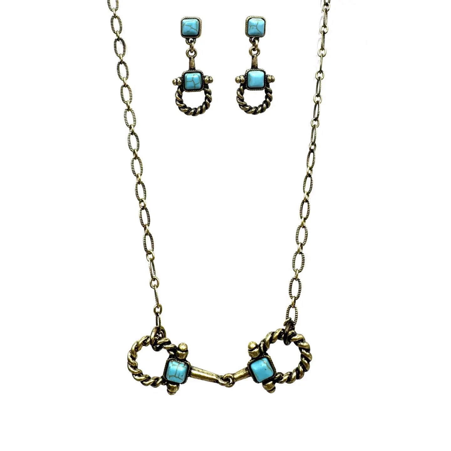 Horsebit Turquoise Western Necklace Earrings Set