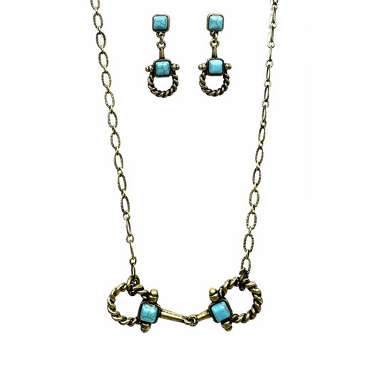 Horsebit Turquoise Western Necklace Earrings Set