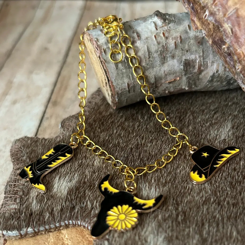 Western Bracelet Boots Hat Steer Head Charms Yellow Black