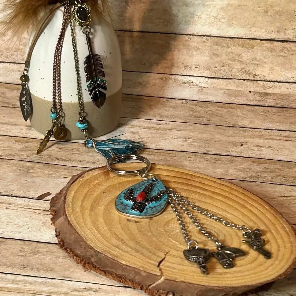 Western Keychain with Cactus Gun Spur and Horse Head Theme