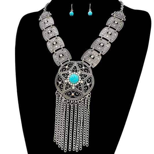 Silver Concho Chain Turquoise Cabochon Necklace Set