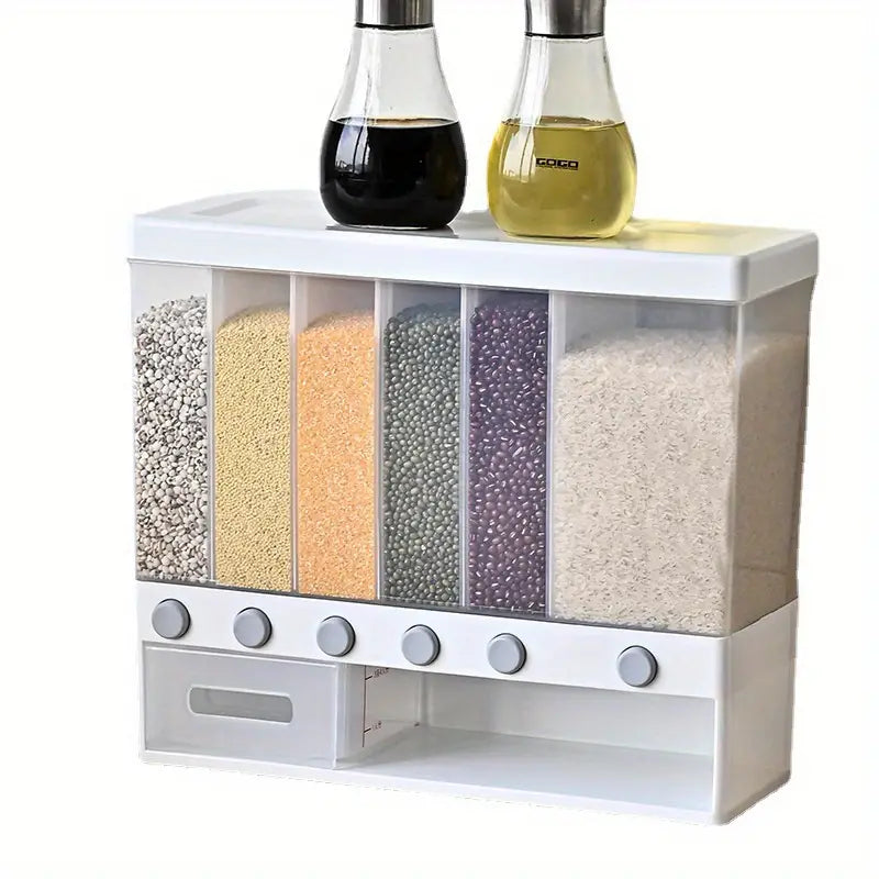 1pc Wall-Mounted Multi-Grid Food Dispenser - Large Capacity Rice Bucket-0