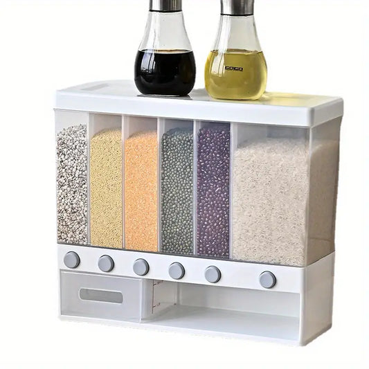 1pc Wall-Mounted Multi-Grid Food Dispenser - Large Capacity Rice Bucket-0