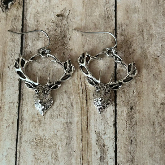 Silver-Toned Deer Head Dangle Earrings