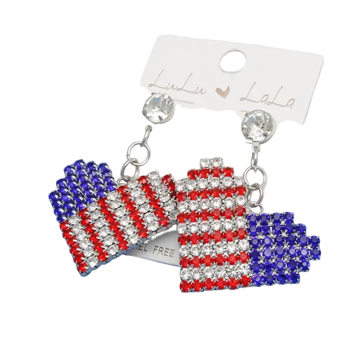 Drop Heart Freedom American Glam Silver Earrings US Flag