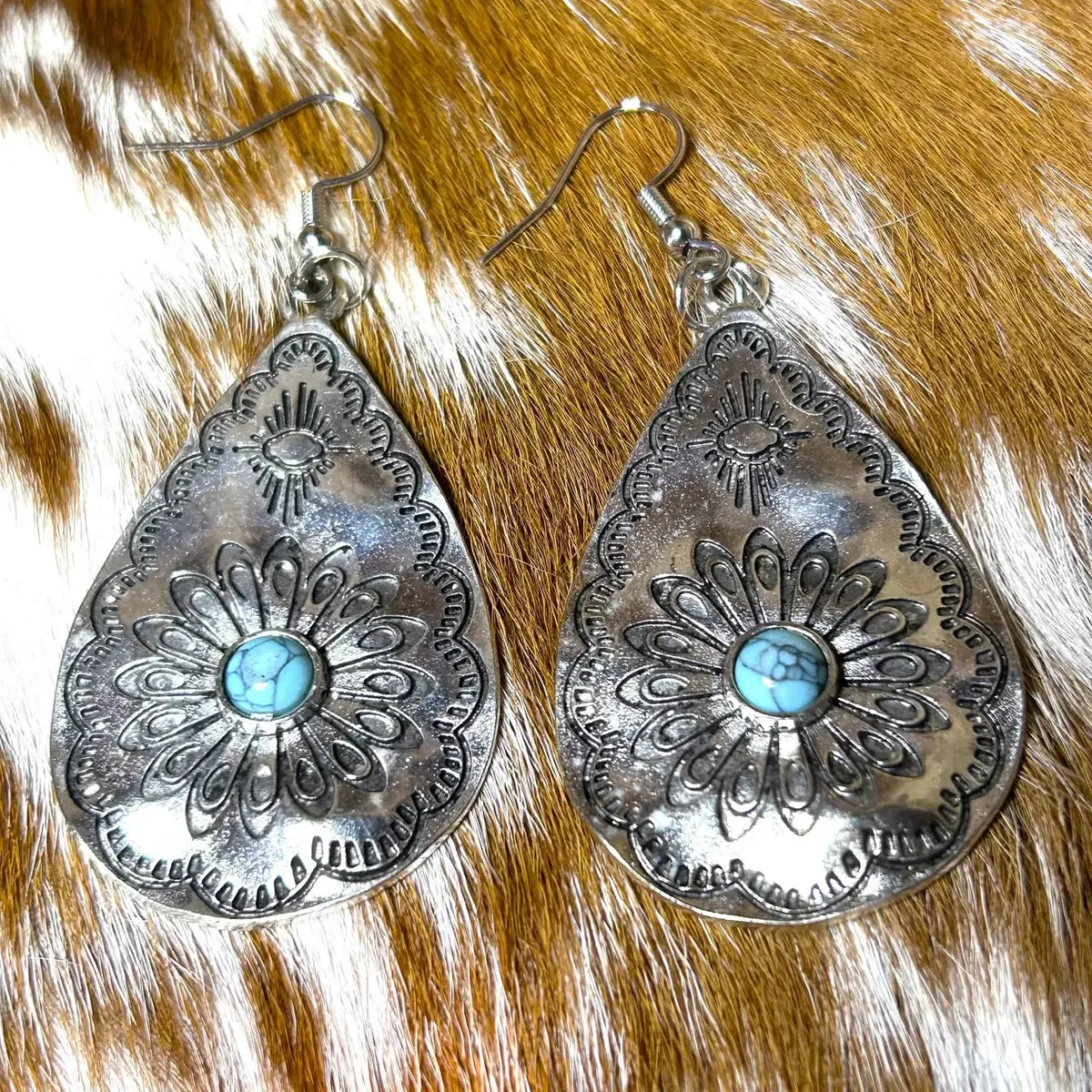 Stainless Steel Teardrop Southwestern Earrings Small Stone