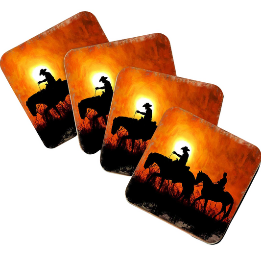 Cowboy Sunset Ride Wooden Cork Coasters Gift Set of 4 by Nature Wonders - Nature Wildlife Decor  - 95230C-S4-0